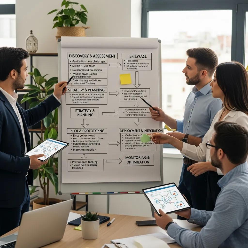 Team discussing AI implementation framework in a collaborative workspace