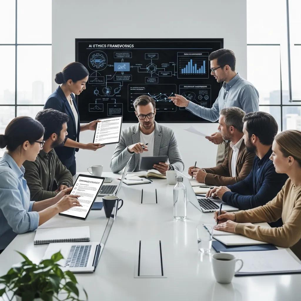 Team discussing ethical AI governance and compliance strategies in a modern workspace