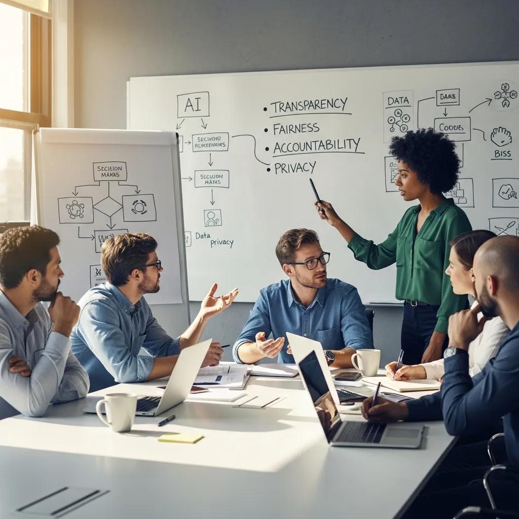 Team discussing ethical AI practices with guidelines on a whiteboard