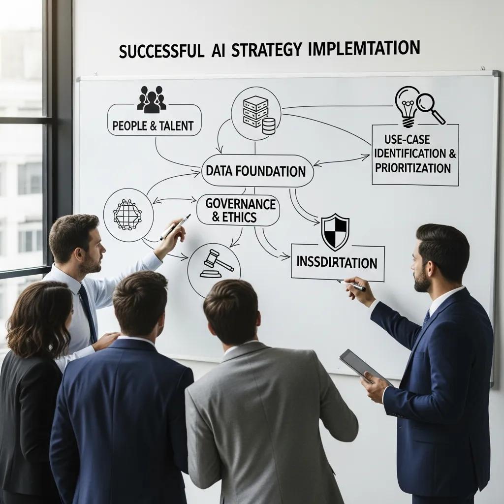 Team discussing key elements of successful AI strategy implementation on a whiteboard
