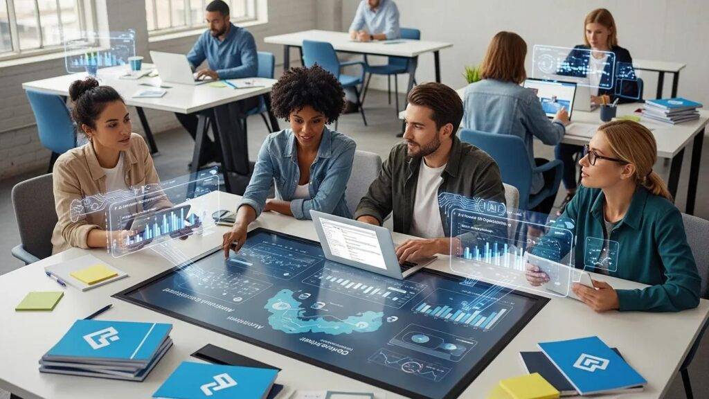 A marketing team utilizing AI tools in a modern office environment, showcasing teamwork and technology