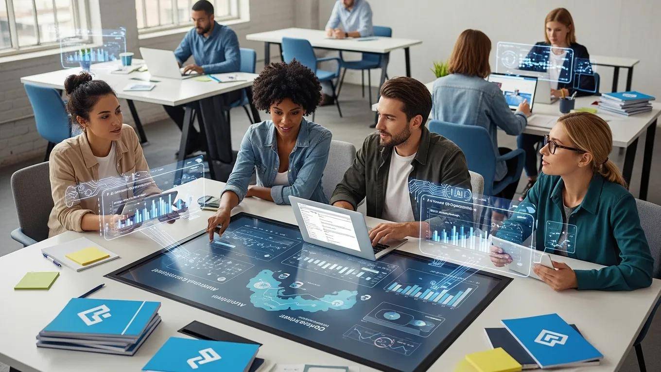 A marketing team utilizing AI tools in a modern office environment, showcasing teamwork and technology