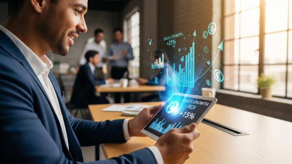 A professional assessing AI-driven marketing data and its positive effects on ROI in a corporate environment