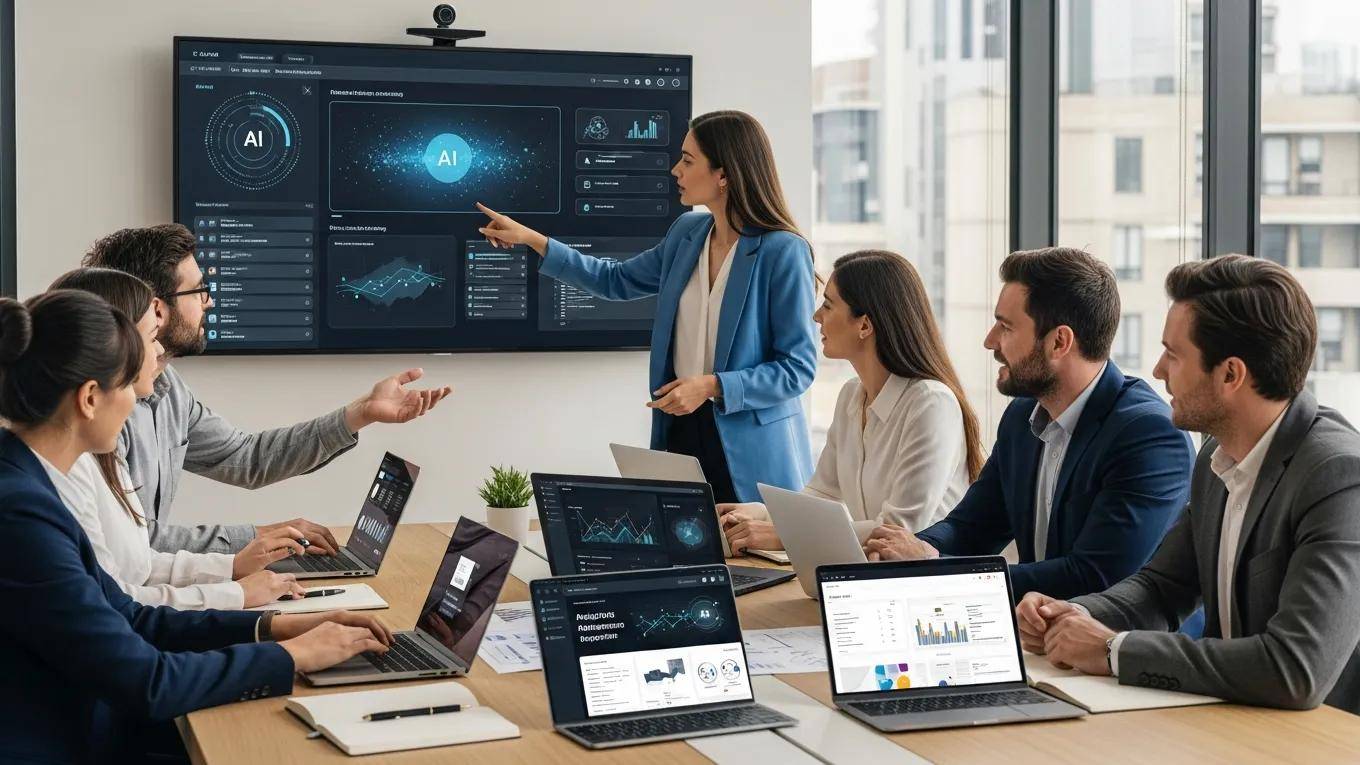 Business professionals collaborating in a modern workspace, utilizing AI technology for strategic discussions