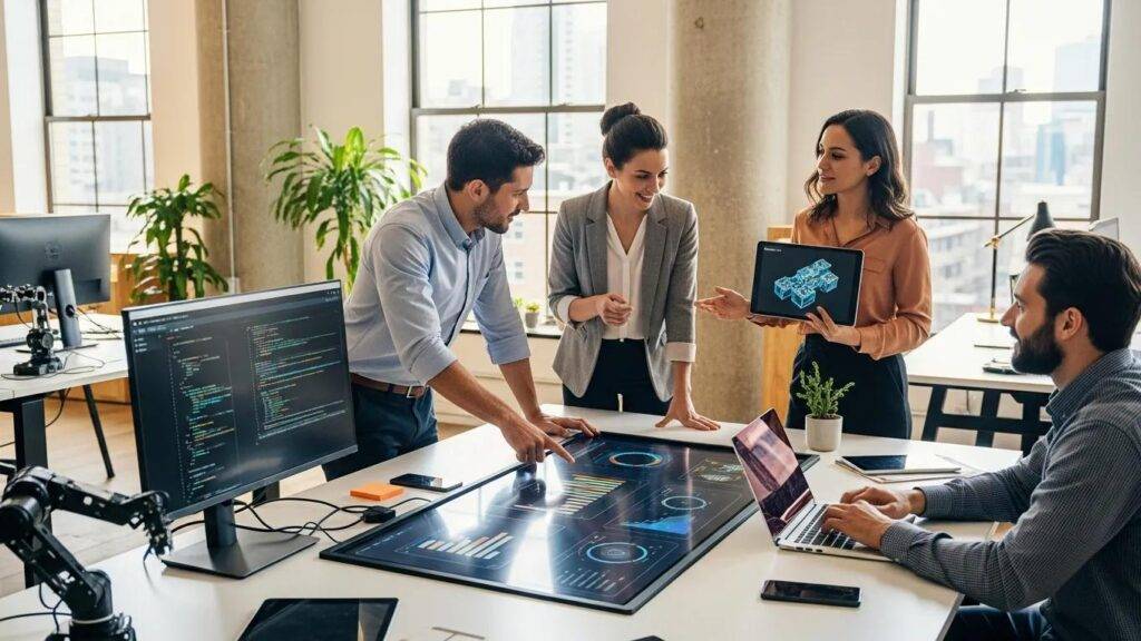Business professionals collaborating on AI solutions in a modern office environment
