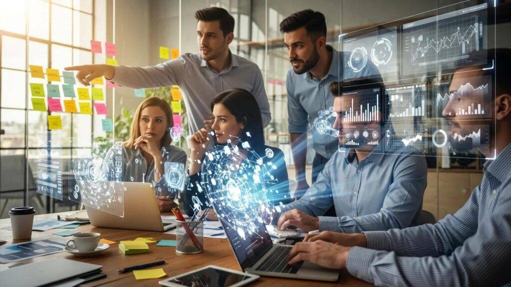 Business team brainstorming with AI tools to enhance agility and competitiveness