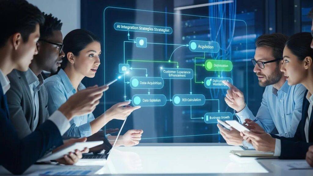 Business team discussing AI strategies with digital flowchart representation, signifying strategic planning for effective adoption