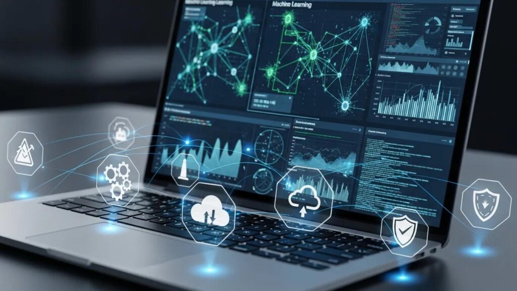 Close-up of AI technology tools and digital icons representing decision-making, integration, and scalability in business.