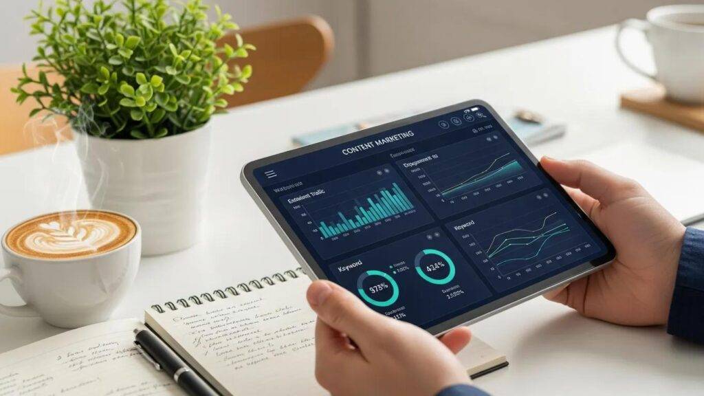 Close-up of hands on a tablet displaying AI analytics used for enhancing marketing content strategies