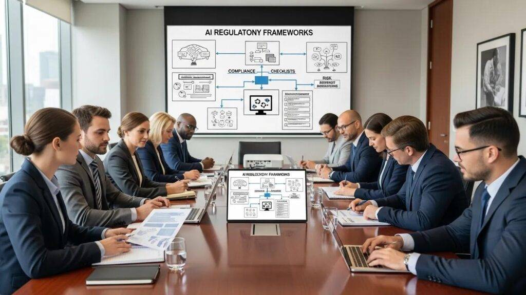 Corporate meeting discussing AI governance and compliance strategies