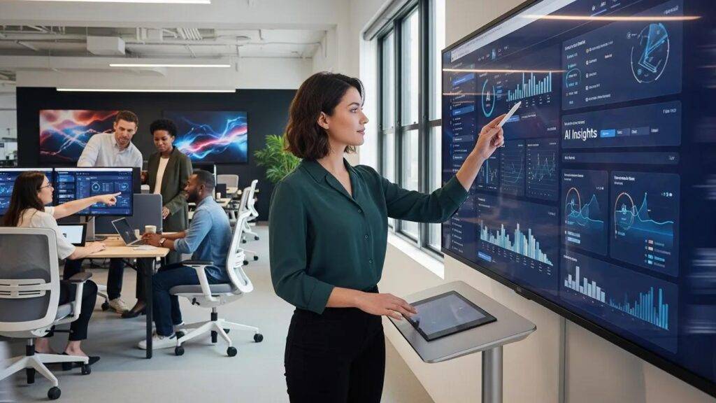 Employee engaged with AI-driven software, depicting the operational integration of AI tools in a collaborative office setting