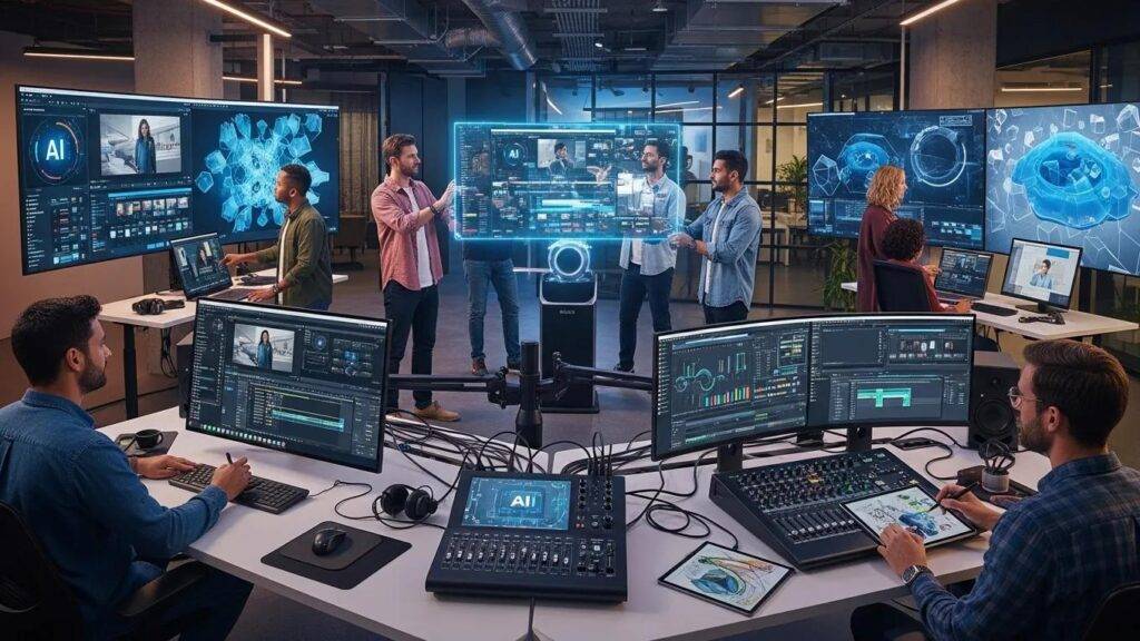 Enterprise AI media production workspace with diverse professionals collaborating around advanced technology