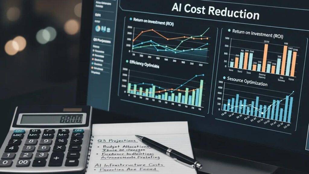 Financial data analytics on a screen showing cost savings from AI implementation