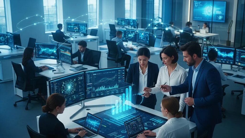 Image of professionals collaborating in a modern workspace with AI analytics on screens, illustrating the integration of AI in business.