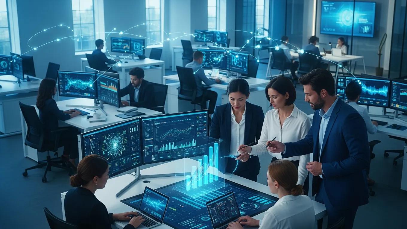Image of professionals collaborating in a modern workspace with AI analytics on screens, illustrating the integration of AI in business.