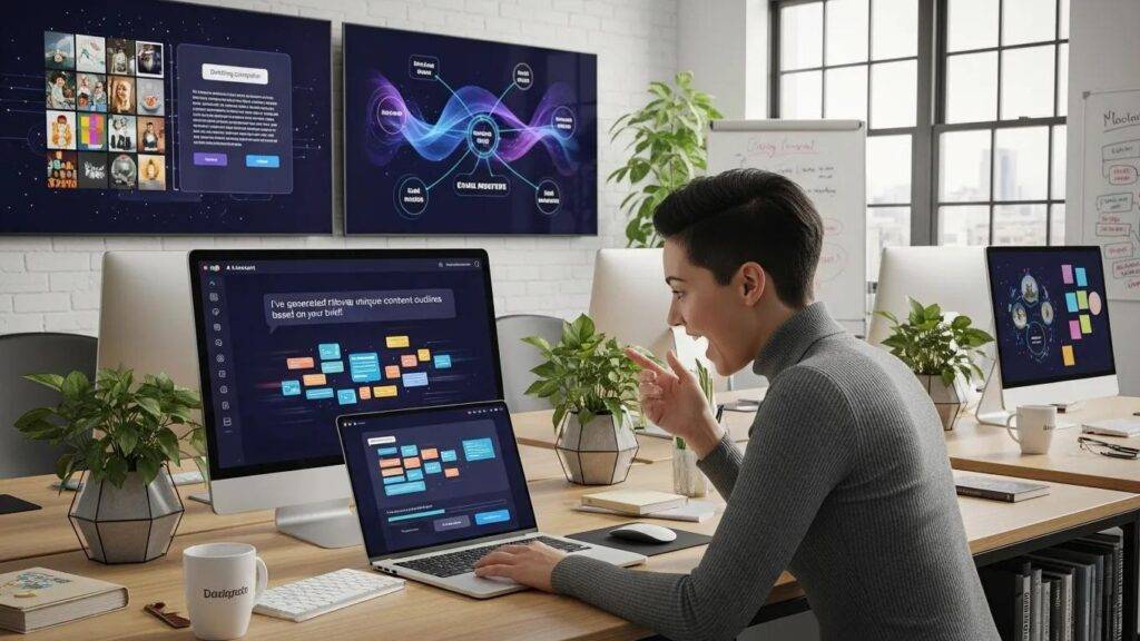 Individual interacting with AI assistant to streamline content production speed and efficiency