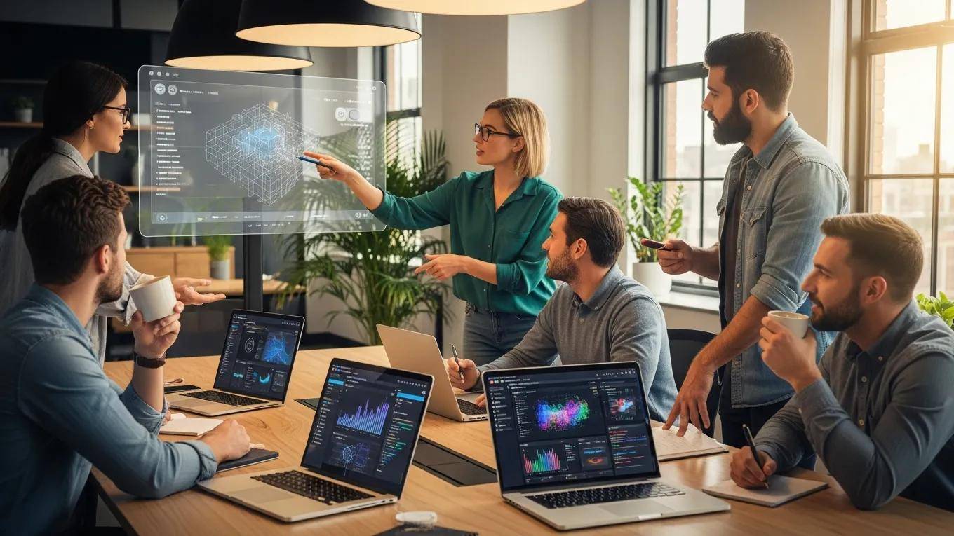 Modern workplace with diverse professionals collaborating using AI technology