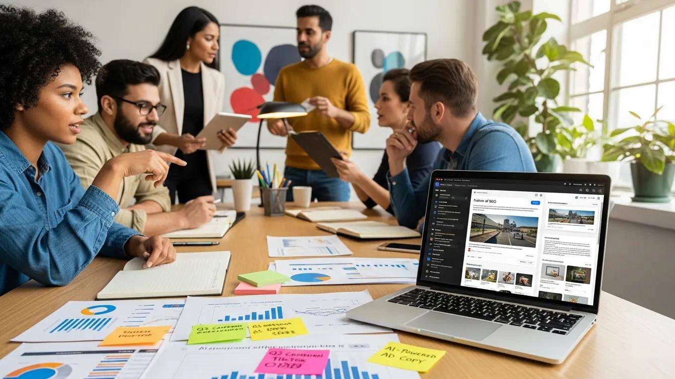 Professionals collaborating in a workspace using AI content creation tools to enhance digital marketing