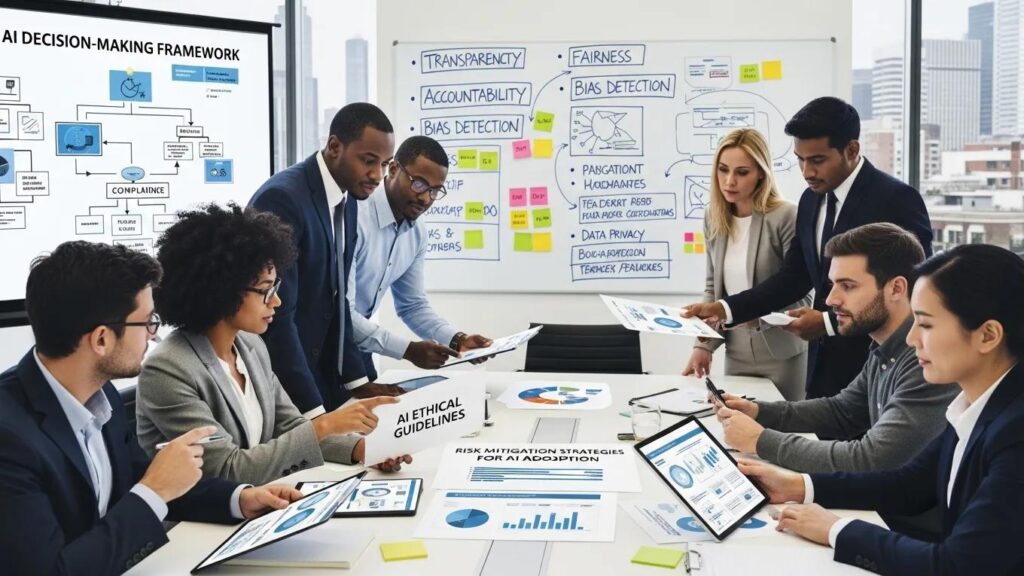 Team of professionals discussing AI governance strategies in a meeting setting, emphasizing compliance and risk management.