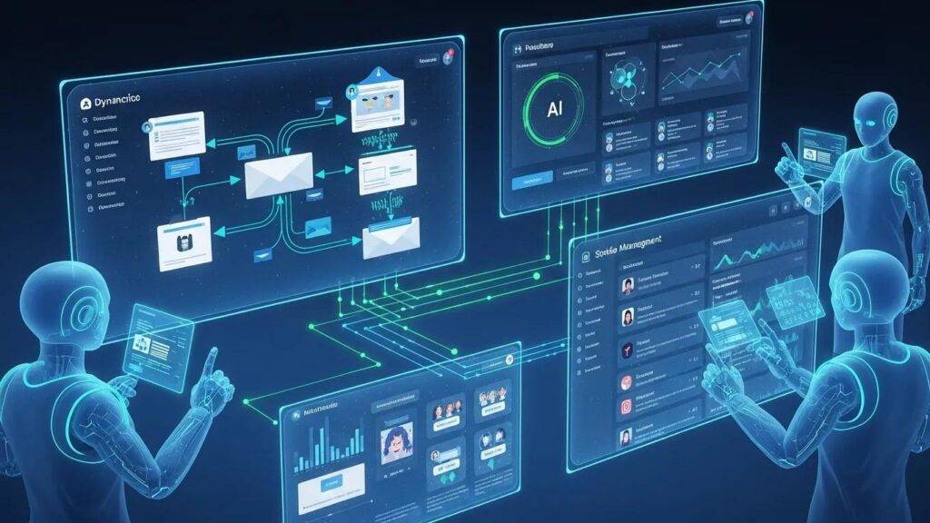 Visual representation of AI agents automating digital marketing tasks in a vibrant office setting