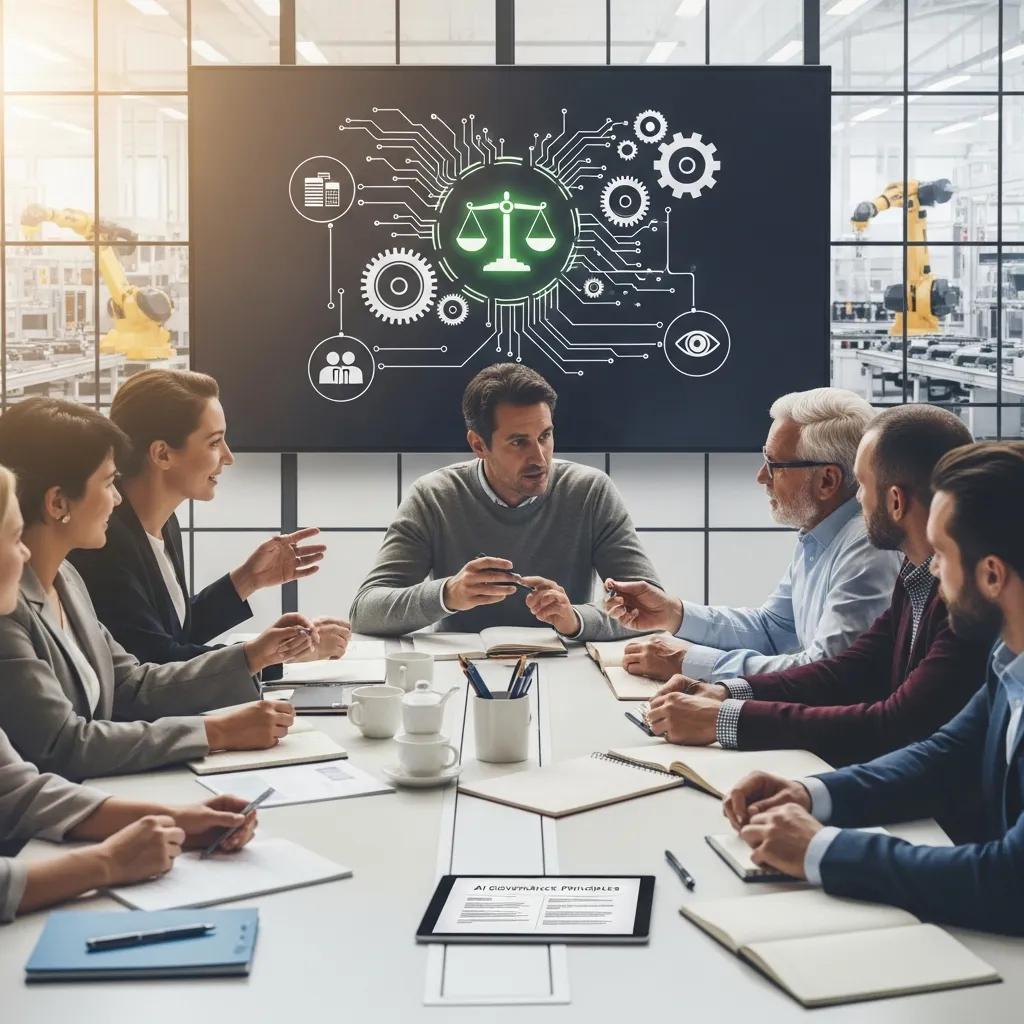 Diverse team discussing ethical AI principles in a modern manufacturing setting