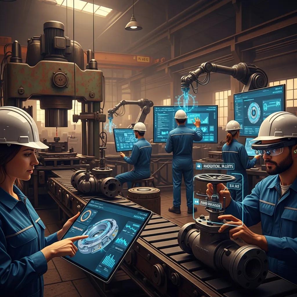 Factory floor showing aging equipment and workers utilizing AI for predictive maintenance