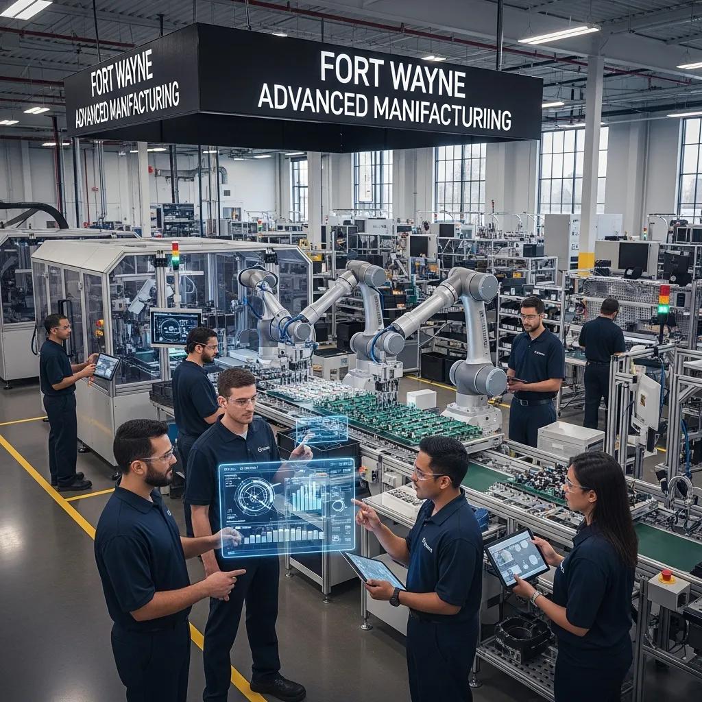 Modern manufacturing facility in Fort Wayne with AI technology and workers collaborating