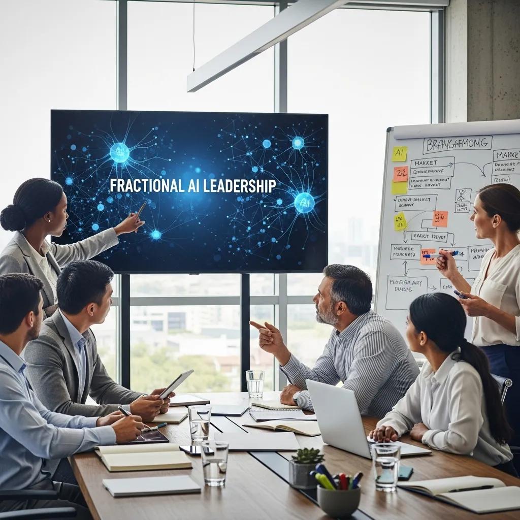 Business professionals collaborating on AI strategy in a modern conference room