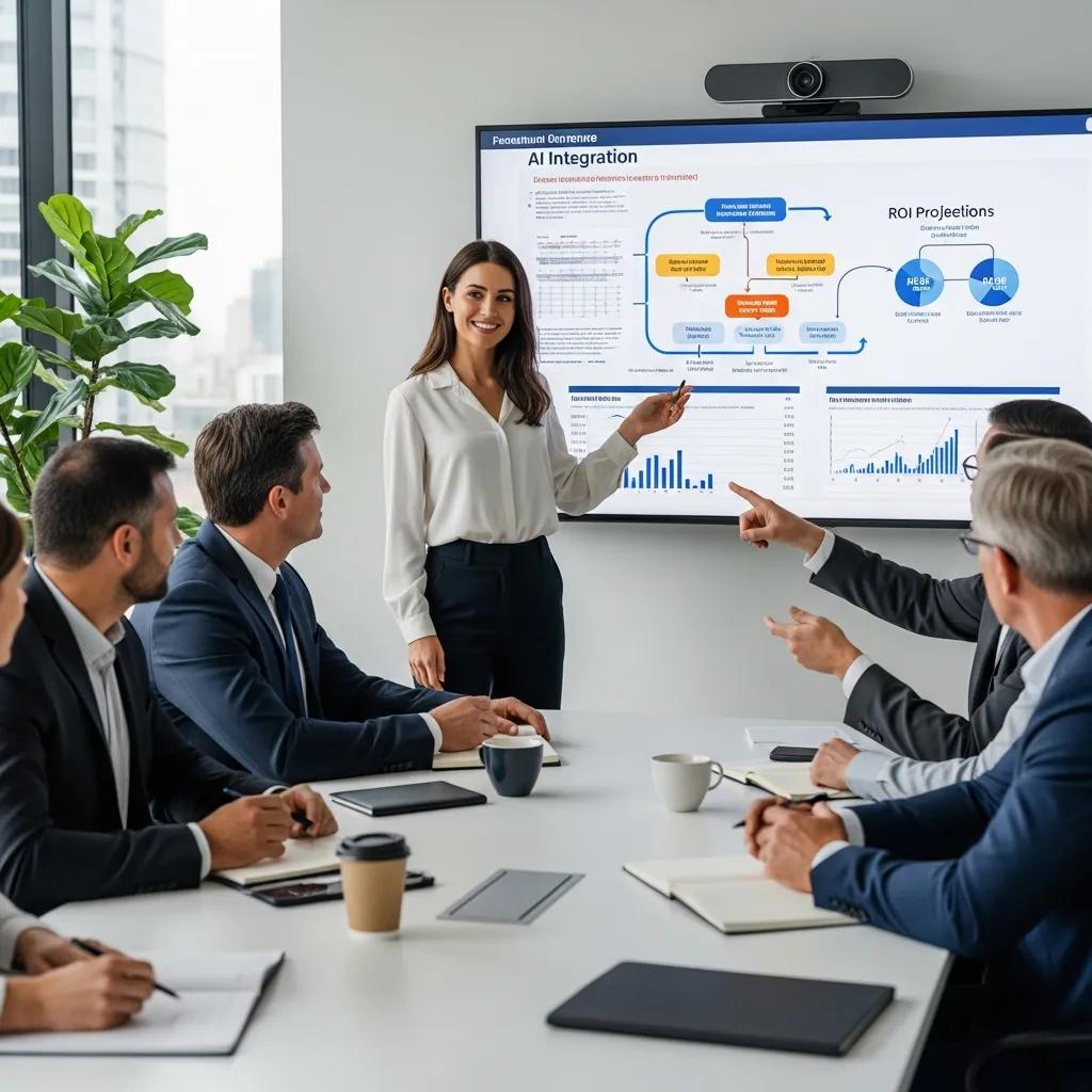 Fractional AI expert presenting benefits to executives in a business meeting