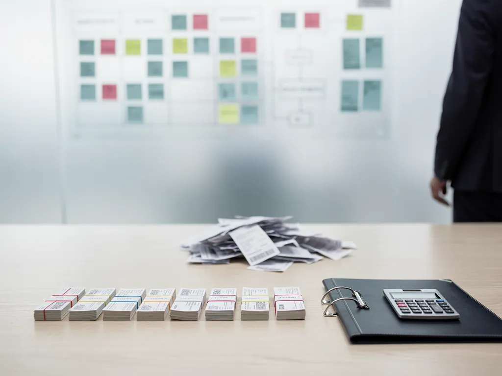 CFO and controller reviewing a structured AI governance roadmap with approval checkpoints