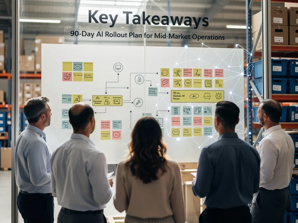 Checklist icons summarizing the 90-day rollout's core milestones